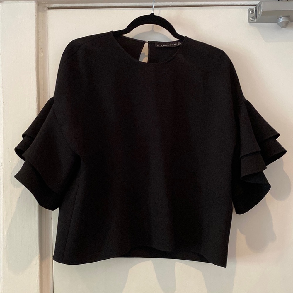 Zara Black Blouse with Ruffle Sleeves